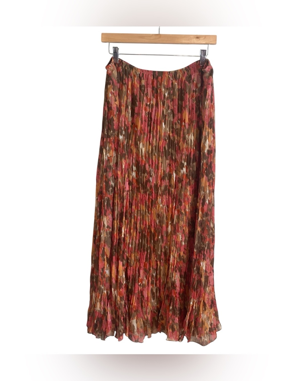 Pink and Brown Printed Pleated Lined Midi Maxi Elastic Waist Skirt Size 14